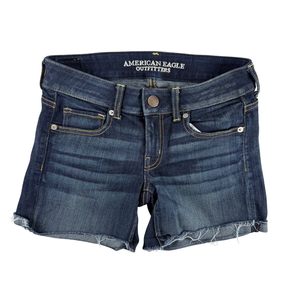 American Eagle Super Stretch Dark Wash Raw Hem Denim Shorts Size 4 Lowrise